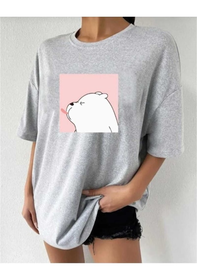 Kozia Outdoors Malkoçbey Sevimli Ayı Baskılı Oversize Basic T-shirt Gri