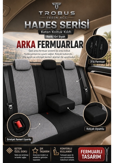 Tesla Model 3 2017 Ve Sonrası Uyumlu Hades Serisi Keten Koltuk Kılıfı Gri Siyah