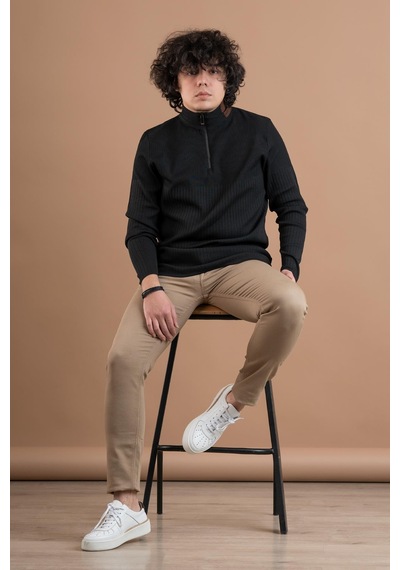 Fermuar Yaka Yarım Balıkçı Likralı Erkek Sweatshirt Siyah
