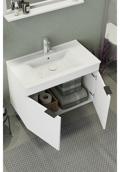 Biani Fix Arya 85 Cm Banyo Dolabı,Seramik Lavabolu, Aynalı,Lavabo Dahil,Mdf,Mat Beyaz
