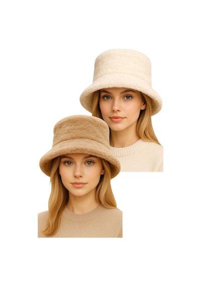 Uniquetrenders Kadın Ayarlanabilir Peluş Bucket Kova Şapka 2'li Set Ekru - Camel