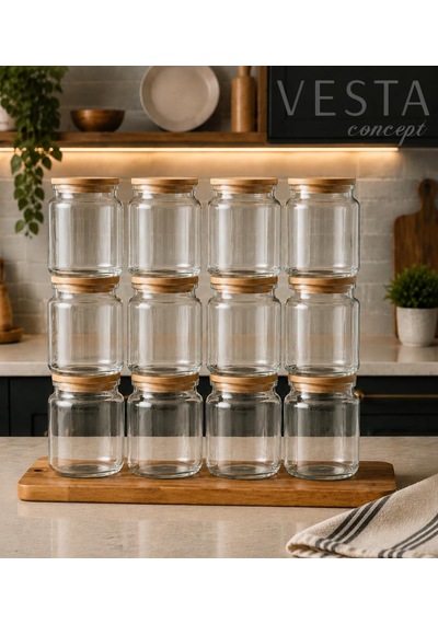 12 Adet Hava Geçirmez Doğal Bambu Kapaklı Cam Kavanoz Seti - 920 Ml Çok Renkli
