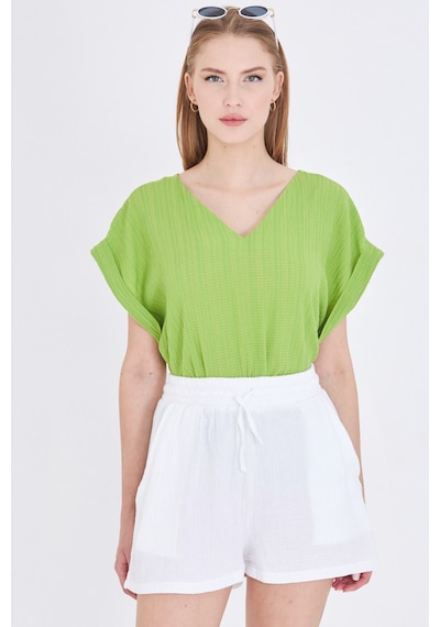 Armonika Kadın V Yaka Yanları Yırtmaçlı Arkası Uzun Duble Kol Detaylı Oversize Bluz Arm-24y001074 Fıstık Yeşili