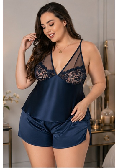 Loule Büyük Beden Lacivert Tül Dantelli Saten Şortlu Pijama