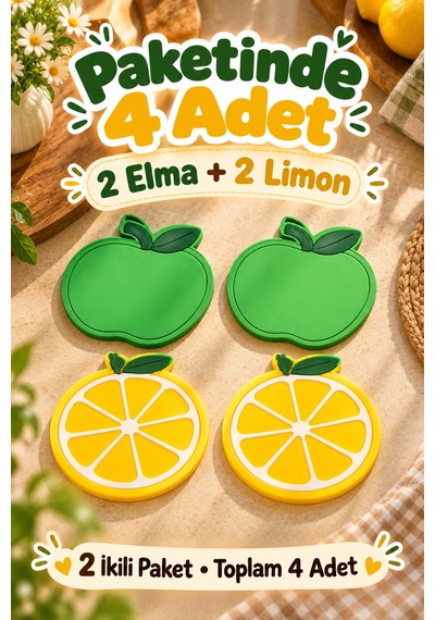4'lü Elma Limon Desenli Bardak Altlığı Set 10cm Kahve Çay Fincan Altlığı Renkli Masa Sunum Aksesuarı Çok Renkli