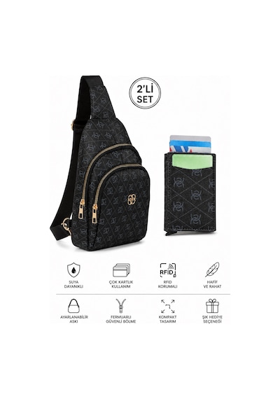 Newish Polo Kadın Deri Monogram Desenli Çapraz Bel Göğüs Ve Omuz Çantası New218 Siyah 35823177