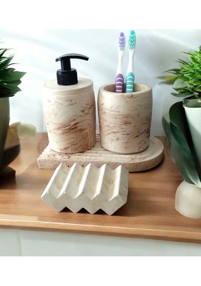 Marble Serisi Bej Beton Sıvı Sabunluk Ve Diş Fırçalık Seti Gri