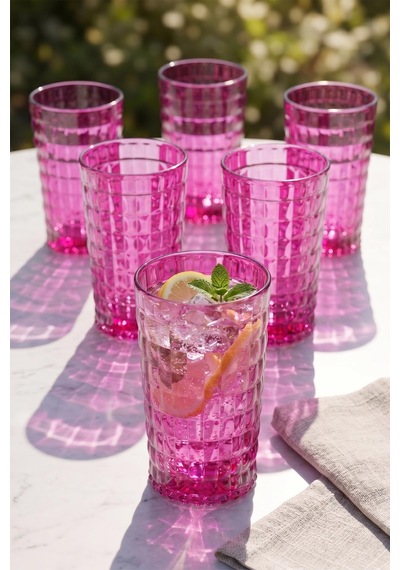 Akrilik Allegra Pembe 18 Parça Su Meşrubat Kahve Yanı Bardağı 400 Ml- 450 Ml- 750 Ml Cam Değildir