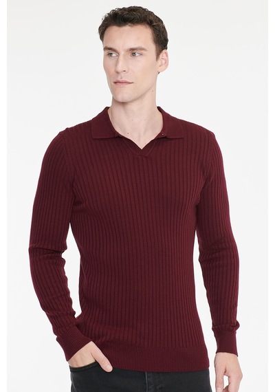Ac&Co / Altınyıldız Classics Erkek Bordo Standart Fit Normal Kesim Polo Yaka Jakarlı Triko Kazak