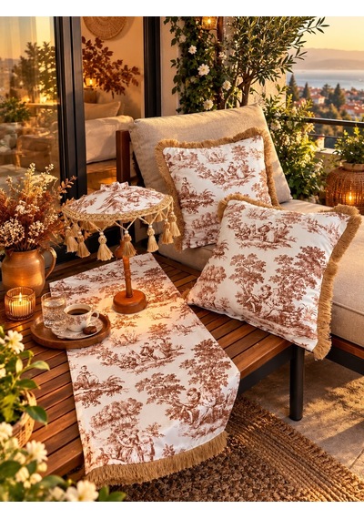 Missidea French Toile Elegance Desenli Dekoratif Masa Üstü Lambası Bali Şemsiyesi Seti Şemsiye + Runner + 2 Li Kırlent Kılıfı Kahverengi