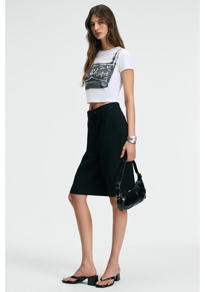 Ethıquet SERAYA Kadın Bisiklet Yaka Kısa Kollu Önü Baskılı Crop Beyaz T-Shirt