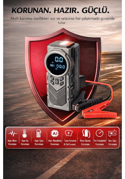 Akü Takviye & Araç Hava Pompası Taşınabilir Çantalı Işıklı Kompresörlü Akü Takviye Cihaz 8000 Mah