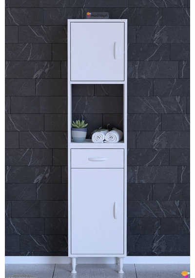 Arda 50 Cm 2 Kapaklı 7 Raflı Ve Çekmeceli Çok Amaçlı Banyo Dolabı 50 Cm
