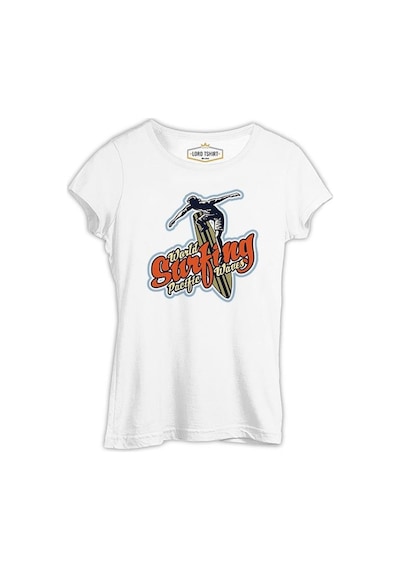 Surf Board Surfing Pacific Waves Beyaz Kadın Tshirt 001