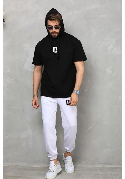 Tarzyeri Unisex Kapşonlu Oversize T-shirt Takım - Siyah 001