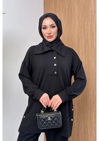 Mihran Butik Soho Elegance Yaka Detaylı Kadın Tesettür Alt Üst Takım Siyah