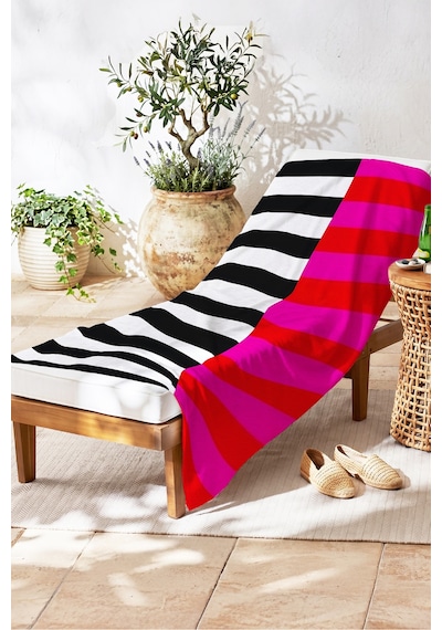 Çizgili Modern Şık Plaj Havlusu - Renk Bloklu Minimalist Siyah Fuşya Hızlı Kuruyan Mikrofiber Havlu Çok Renkli