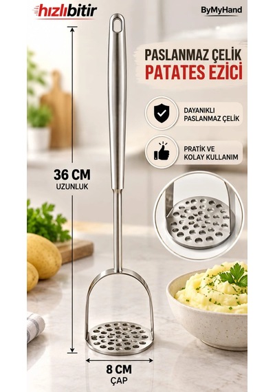 Bymyhand Paslanmaz Çelik Manuel Patates Ezici 36 - 8 Cm Metal