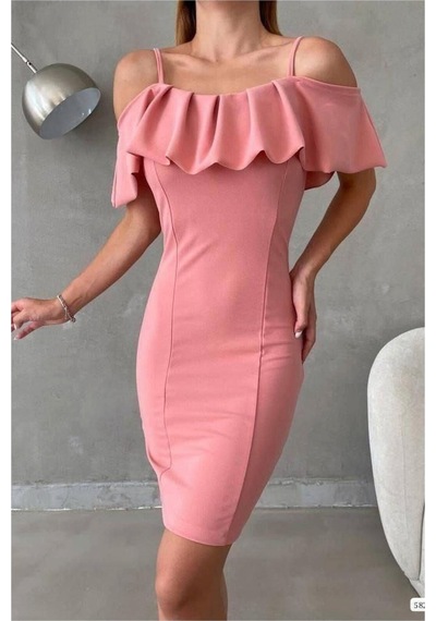Lior Design Kadın Sade Madonna Yaka Volanlı Abiye Elbise Pudra
