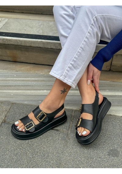 Erva'nın Butiği Siyah Cilt Jenny Gold Toka Detay Kadın Sandalet-5745