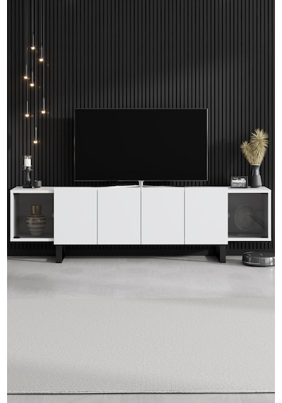 Zenit Siyah Demir Ayaklı Rgb Led Işık Sistemli Beyaz Tv Ünitesi Tv Sehpası Beyaz - Siyah