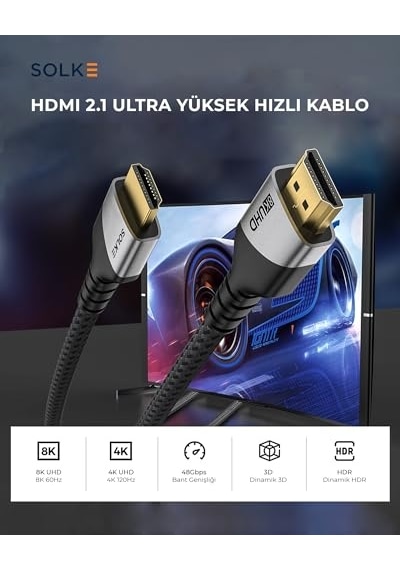 Hdmı 2.1 Kablo Uhd 8k 60hz 4k 120hz 48gbps Hdr Earc Hdcp Tv Monitör Ps5 Xbox Görüntü Kablosu Örgülü Alüminyum 2 Diğer