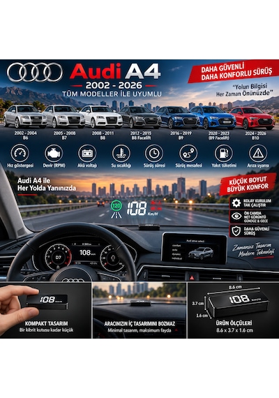 Audi A4 2002-2026 Modeller İçin Head Up Display Hayalet Gösterge Ekranı Ön Cam Hız Göstergesi