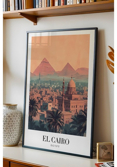 Cairo Egypt Vintage Seyahat Posteri Çerçeveli Tablo - Premium Piramitler Elit Duvar Dekoru Siyah