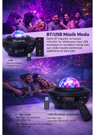 Samsung Uyumlu Galaxy Cover Projektör Bluetooth Hoperlör Sese Duyarlı Disko Parti Gece Lambası Tavan Aydınlatıcı