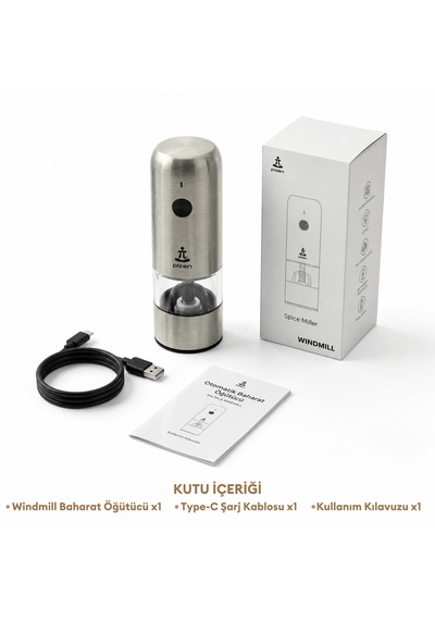 Pizen Windmill Usb Şarjlı Otomatik Baharat Öğütücü Led Işıklı Ayarlanabilir Tuz Karabiber Değirmeni Gümüş