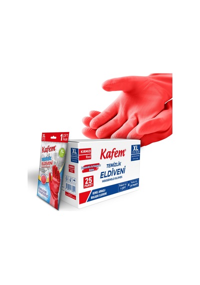 Kafem Temizlik Eldiveni (10-10,5) XLarge Kırmızı X 25 Paket (Kutu)