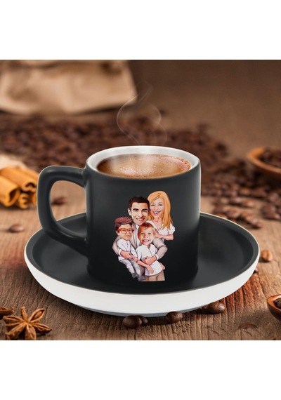 Bk Gift Kişiye Özel Aile Karikatürlü Siyah Renk Türk Kahvesi Fincanı-1, Arkadaşa Hediye, Aileye Hediye, Yıl Dönümü Hediyesi
