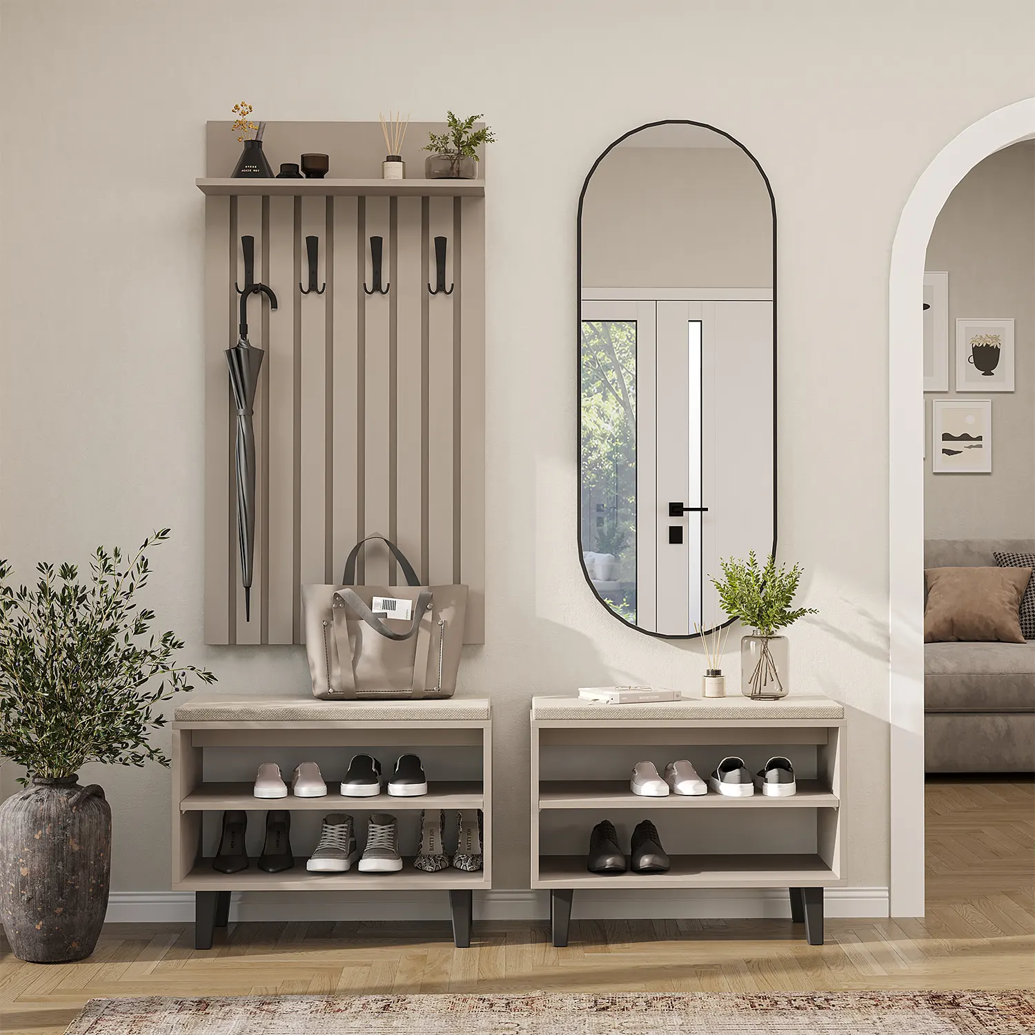 Nord Vestiyer Takımı Lambri Askılıklı, Bench, Modüler, Oval Aynalı Portmanto Takımı Kumtaşı Nord Vestiyer Takımı Lambri Askılıklı, Bench, Modüler, Oval Aynalı Portmanto Takımı Kumtaşı