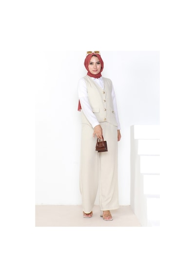 Bestenur Yelek Pantolon Keten İkili Takım 1035 - Taş