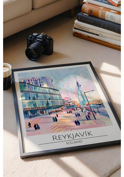 İzlanda Reykjavik Temalı Çerçeveli Tablo Travel Serisi Modern İllüstrasyon Şehir Duvar Dekoru Siyah