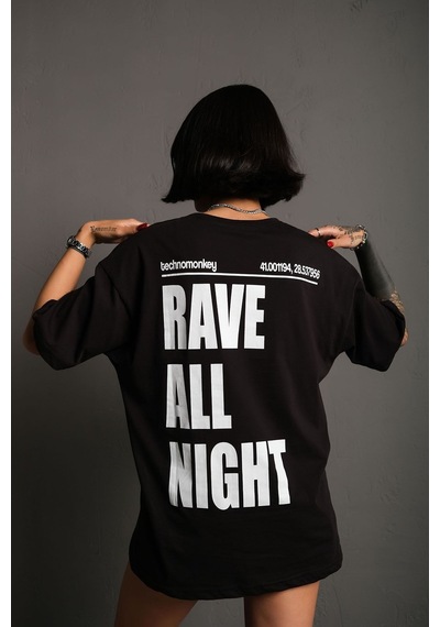 Technomonkey Unisex Siyah Oversize Rave All Night Baskılı Tişört