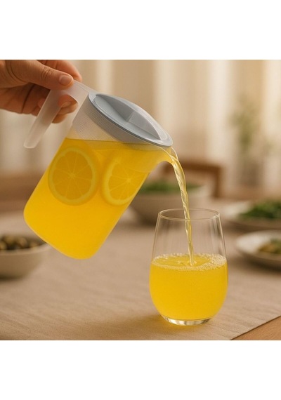 Plastik Oval Sürahi Kapaklı Su Sürahisi 2l, Gri Kapak