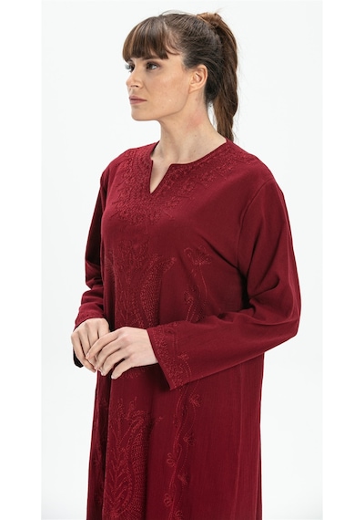 Eliş Şile Bezi Uzun Kol Şile Bezi Simli Kaftan Midi Boy Elbise Bordo