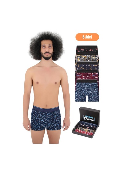 Andredimoda Erkek Pamuklu Likralı Boxer 5'li Premium Paket Çeyizlik Özel Dizayn Desenli-1 Desenli-1