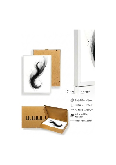 Beyaz Ahşap Çerçeveli Soyut Siyah Desenli Tablo - Minimal Huhu1203