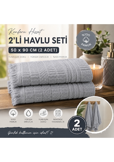 2'li Yüz Havlusu Seti 50x90 Cm Pamuklu El Havlusu Püsküllü Yumuşak Dokulu Yüksek Emici Günlük Kullanım Gri