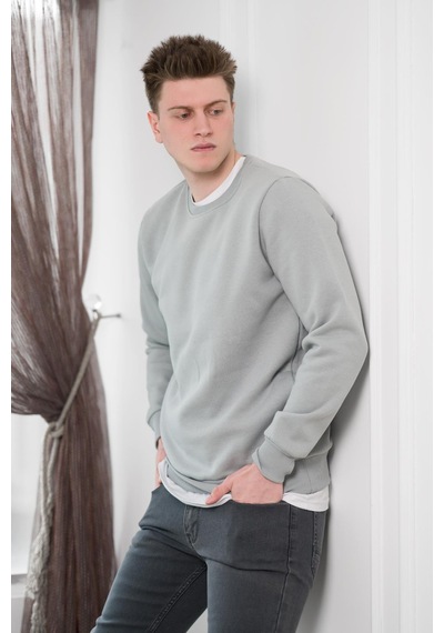 Slimfit Sıfır Yaka Basic 3 İplik Erkek Sweatshirt Açık Gri