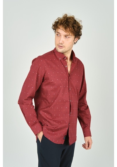 De Leone Erkek Slim Fit Desenli Uzun Kollu %100 Pamuk Gömlek 2045 Kırmızı Kırmızı