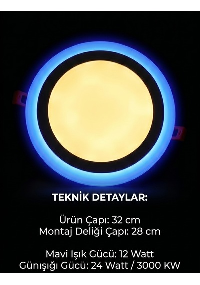 Yuvarlak Sıva Altı Led Spot Armatür 36 Watt Çift Renk Mavi Günışığı Aydınlatma Gece Lambası