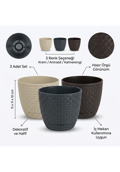 Hasır Örgü Görünümlü Plastik Saksı Seti 3 Adet, Suluk Altlıklı Dekoratif İç Mekan Saksısı, 11x11x10 Cm, Krem Antrasit Kahverengi Karışık Renk