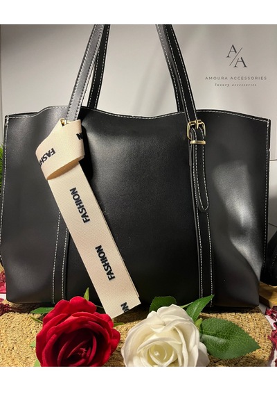 Amoura Kontrast Dikişli Ve Fashion Aksesuarlı Büyük Boy Tote Çanta Asil Siyah