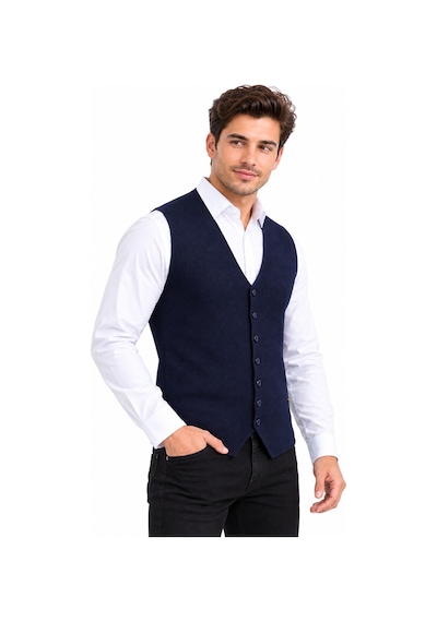 Çizgi Triko Erkek Düğmeli V Yaka Regular Kalıp Triko Yelek Bgl-st05772 İndigo
