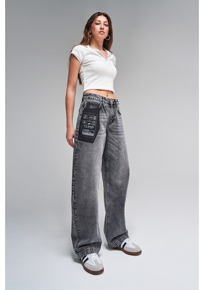 Itsbasic Kadın Füme Renk 2s5-73 %100 Koton Cep Detaylı Baggy Fit Denim Jean