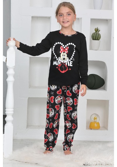 Miniğimin Cicileri Mnn Ms Kalpli Kız Çocuk Pijama Takımı - Siyah Siyah