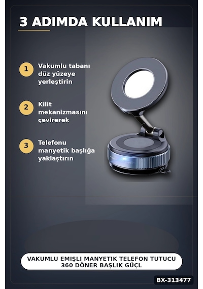 Vakumlu Emişli Manyetik Telefon Tutucu 360 Döner Başlık Güçlü Mıknatıslı İz Bırakmaz Bx-313477